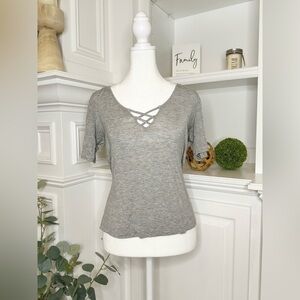 American Dream Criss Cross V~Neck Grey Tee Size Small